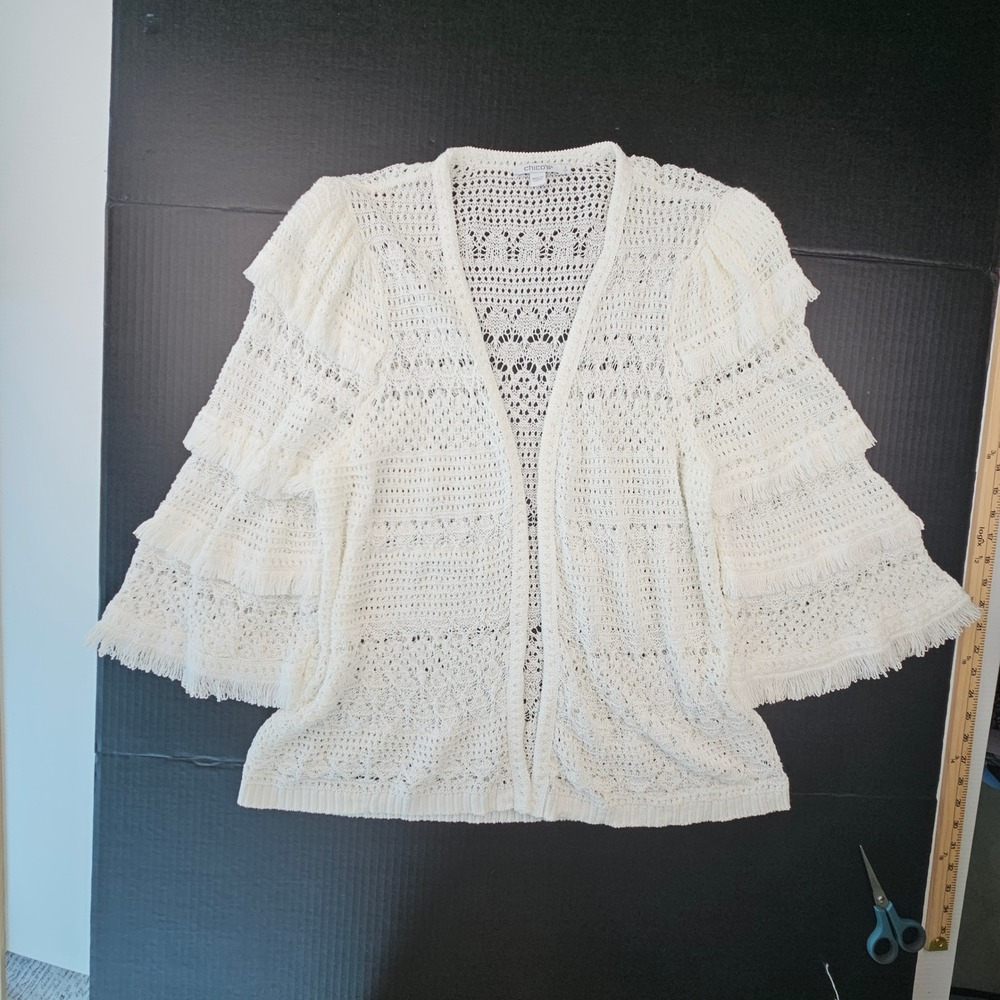 Chicos White Crochet Cardigan Tiered Cha-Cha Sleeve Fringe Boho Cottagecore L